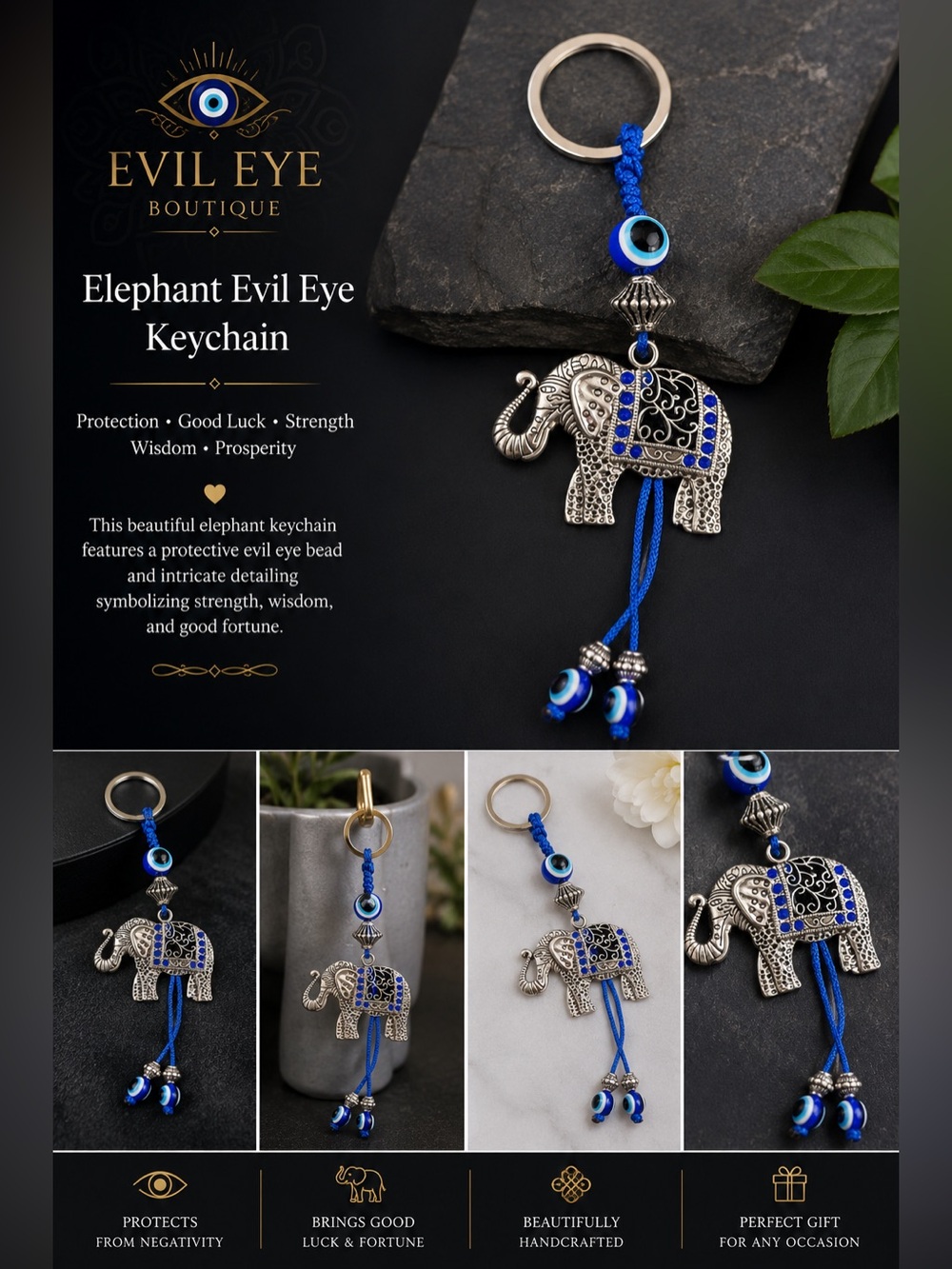 🧿Evil Eye Elephant Keychain with Blue Accents